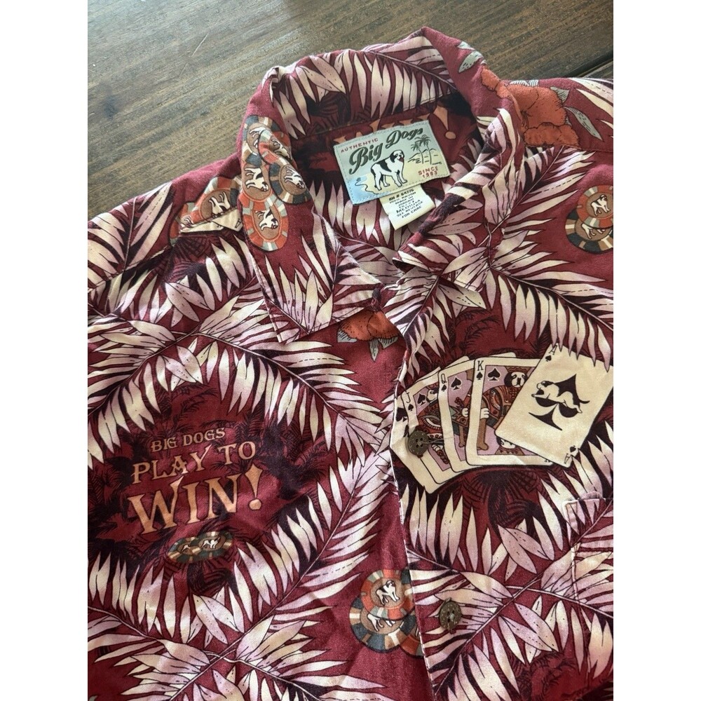 Big Dogs Shirt Mens Medium Red Hawaiian Cards Chips Short Sleeve Tiki Aloha *